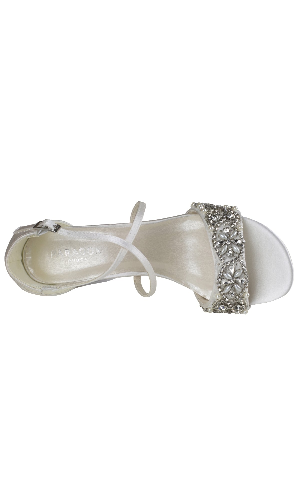 Evangeline Ivory Satin Prom Shoes: Paradox London P2200—women’s open-toe sandals with jeweled front strap and ankle strap in ivory satin, ideal for a graceful prom look.